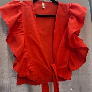 Glam Red Ruffled Tie Front Blouse